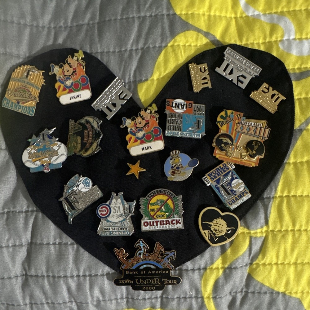 Sports Theme Mixed Lot Pinback Pins w/ Heart Display - and others Vintage